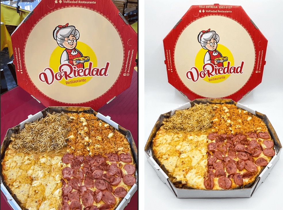 Comparação antes e depois: pizza — celular à esquerda, resultado TAGGER à direita.