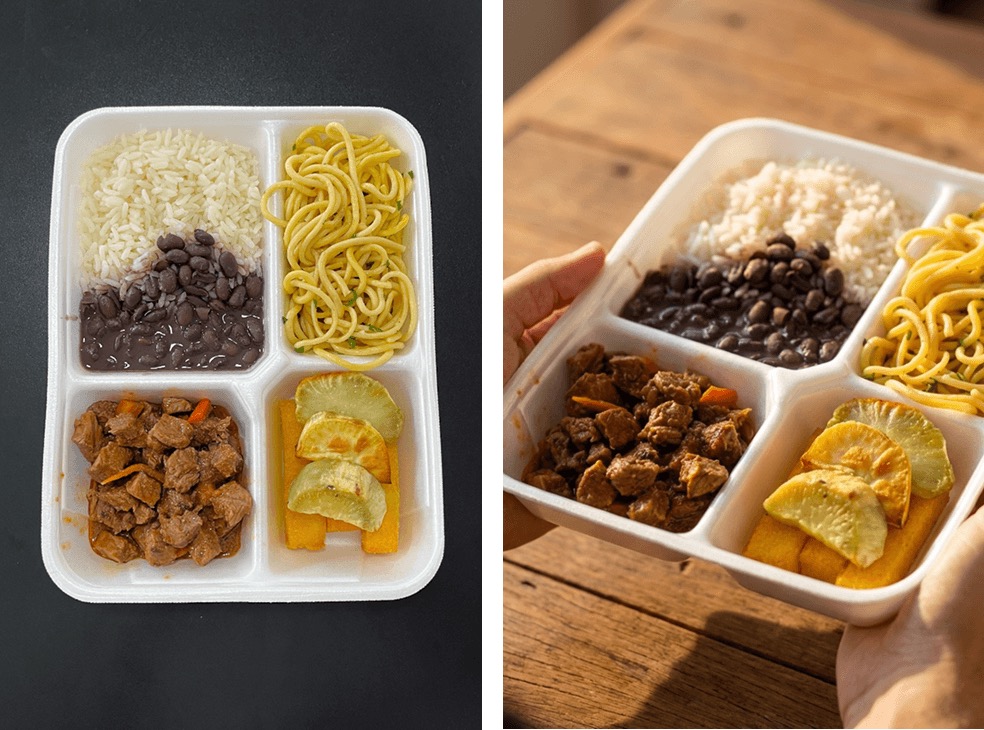 Comparação antes e depois: marmita — celular à esquerda, resultado TAGGER à direita, mesmo prato.