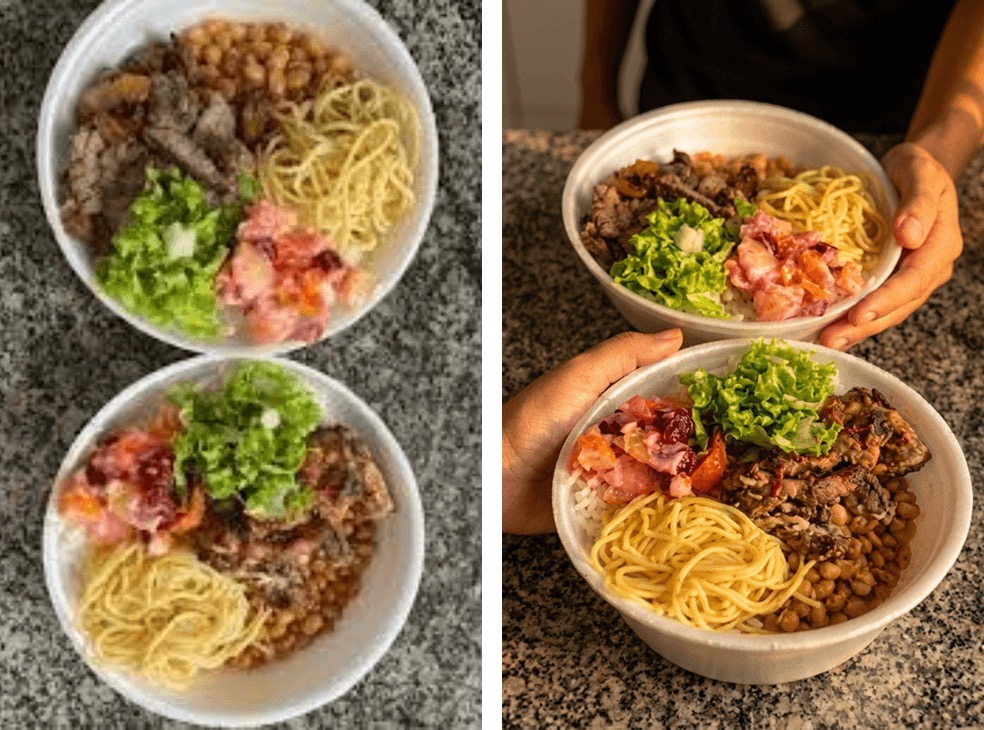 Comparação Antes e Depois: marmita — celular à esquerda, resultado TAGGER à direita, mesmo prato.