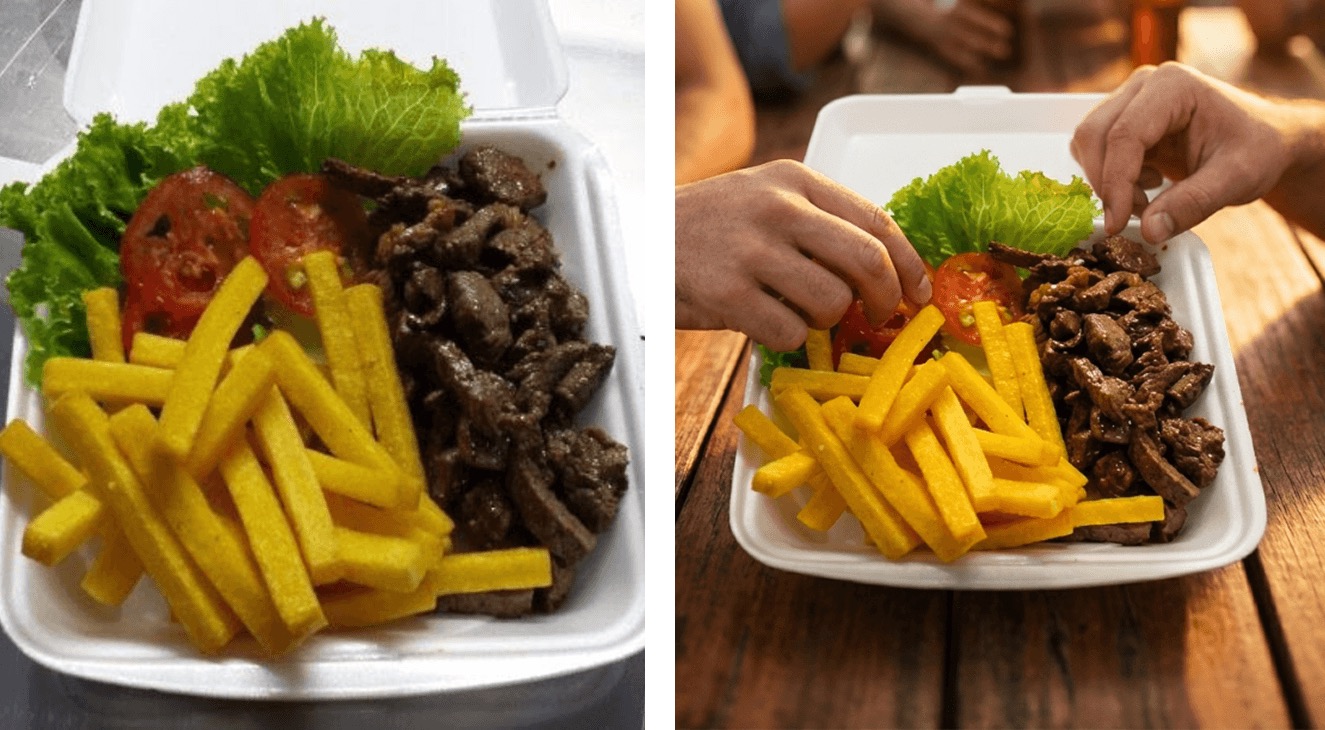 Comparação antes e depois: porção — celular à esquerda, resultado TAGGER à direita.