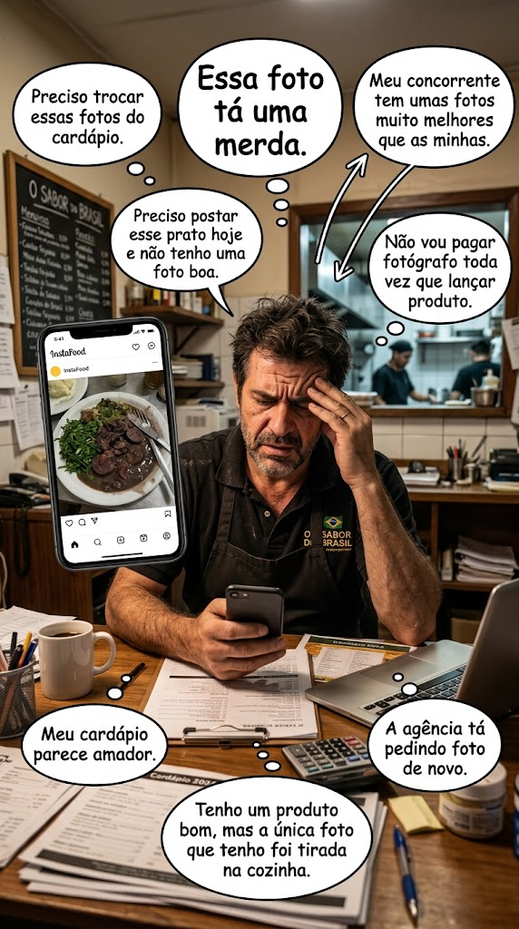 Dono de restaurante preocupado com fotos ruins do cardápio, cercado pelos pensamentos sobre trocar imagens, postar produtos e evitar novos custos com fotógrafo